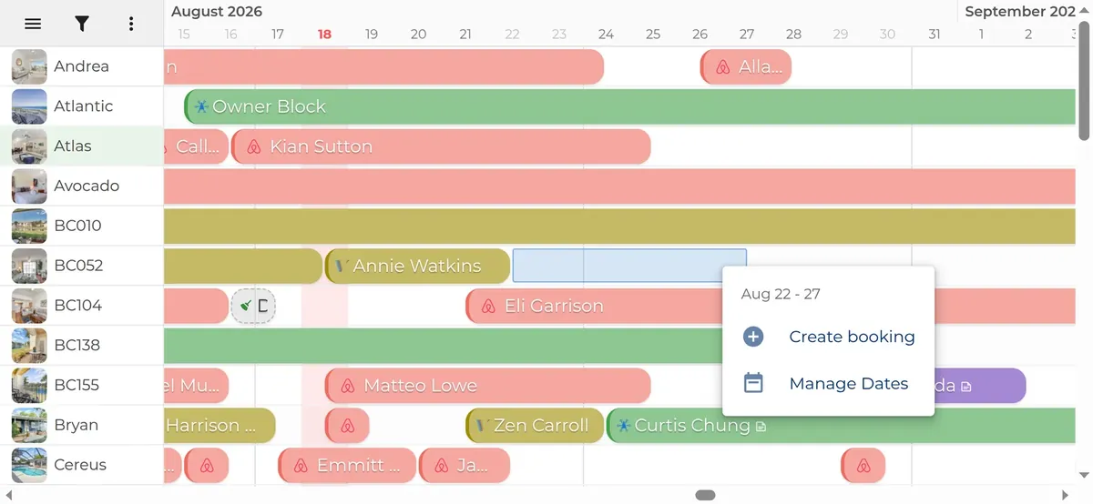 The Hostvana multicalendar showing every listing as a row, with bookings, owner blocks and a create-booking menu open.